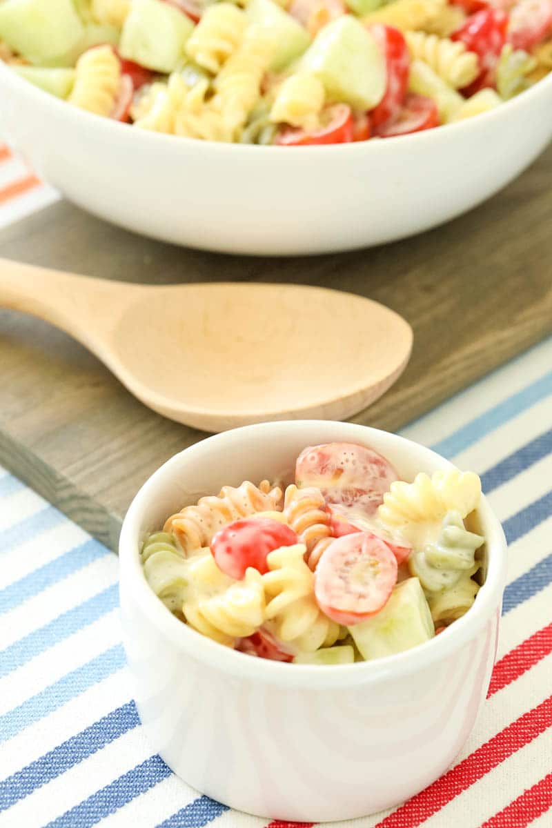 small bowl of pasta salad on a table 