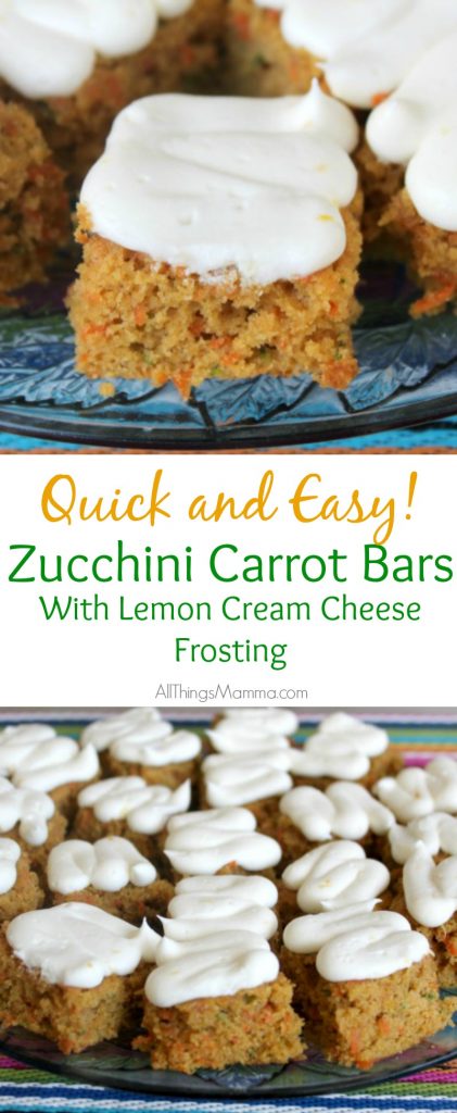 Looking for a way to use up all those zucchini that are popping up - try these quick and easy Zucchini Carrot Bars with Lemon Cream Cheese Frosting today!