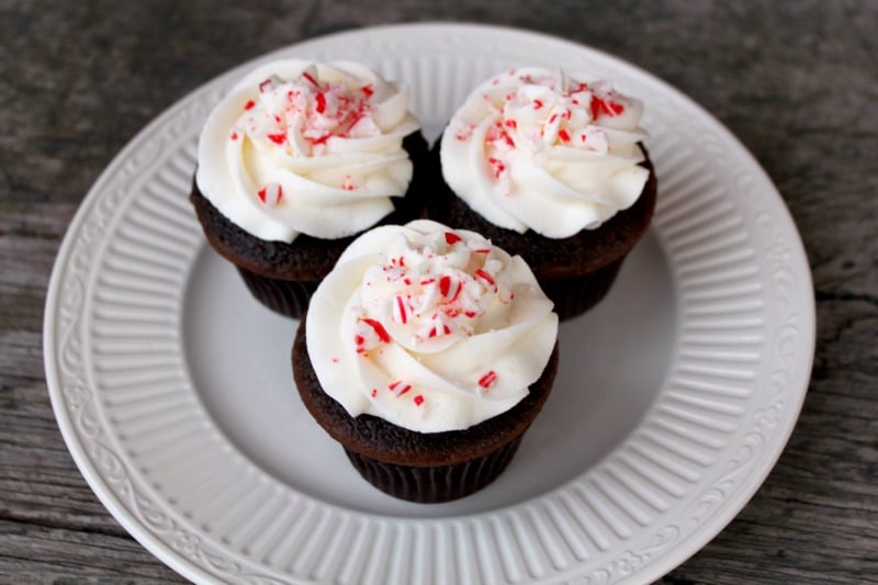 Chocolate Candy Cane Cupcakes on a plate. 