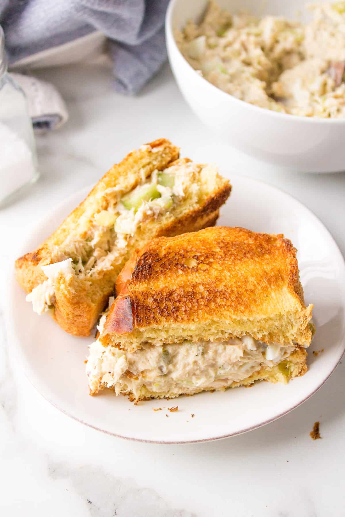 tuna salad sandwich cut in half and stacked on one another and served on a white round plate