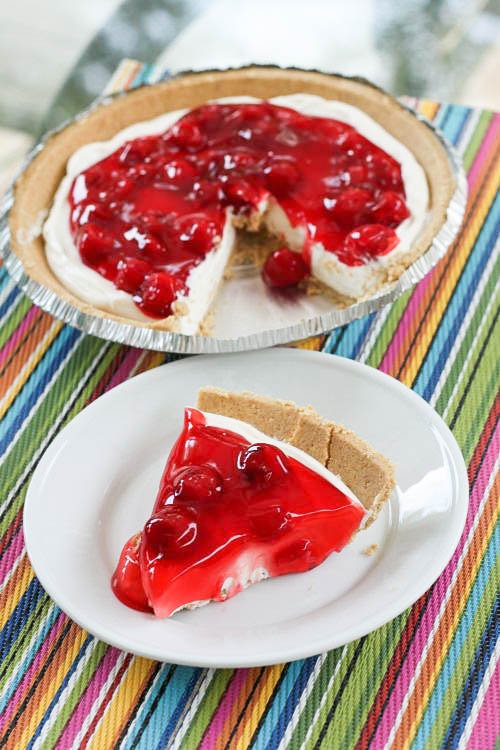 No-Bake cherry cheesecake on a table on a plate