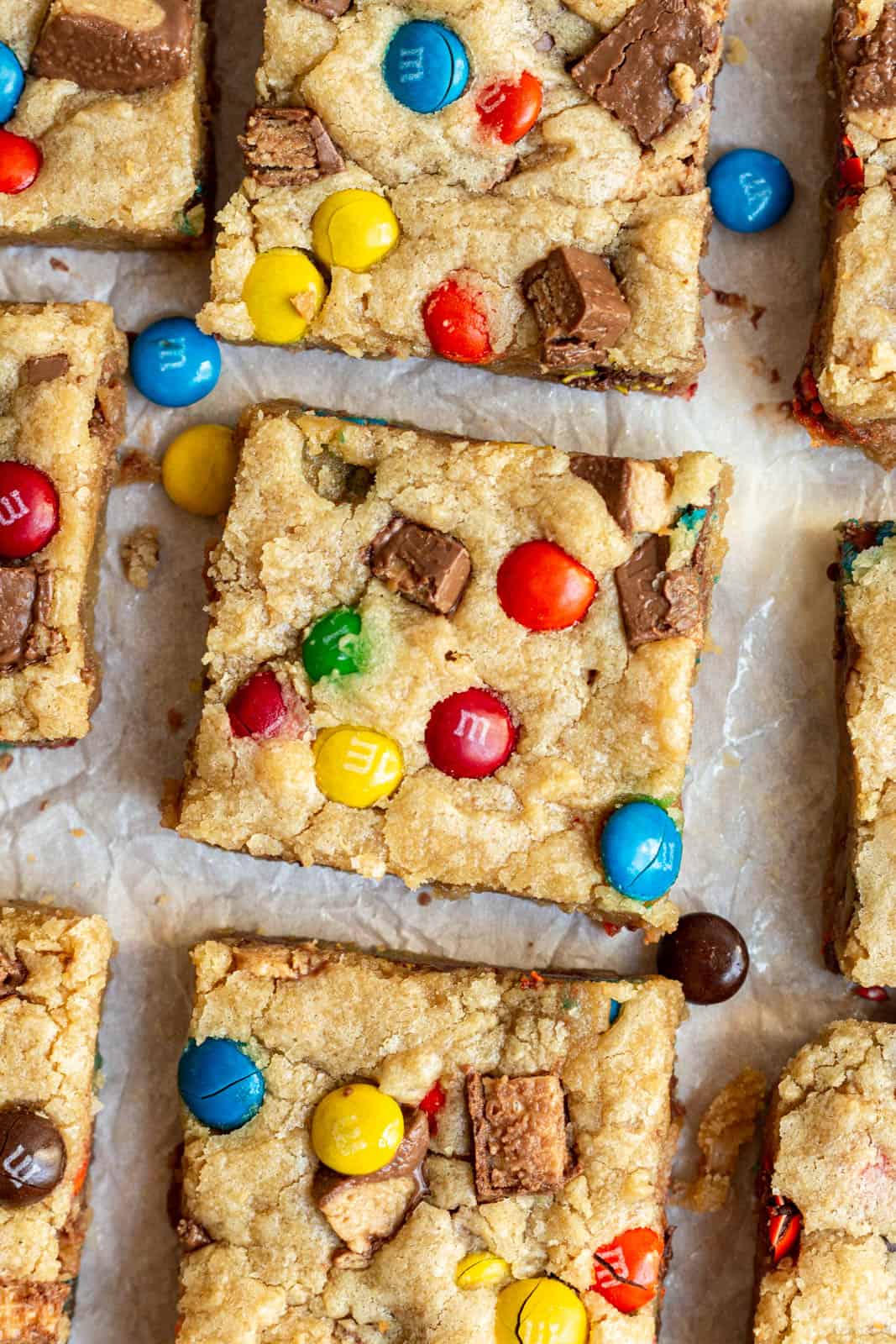 close up top down image of halloween candy cookie bar squares
