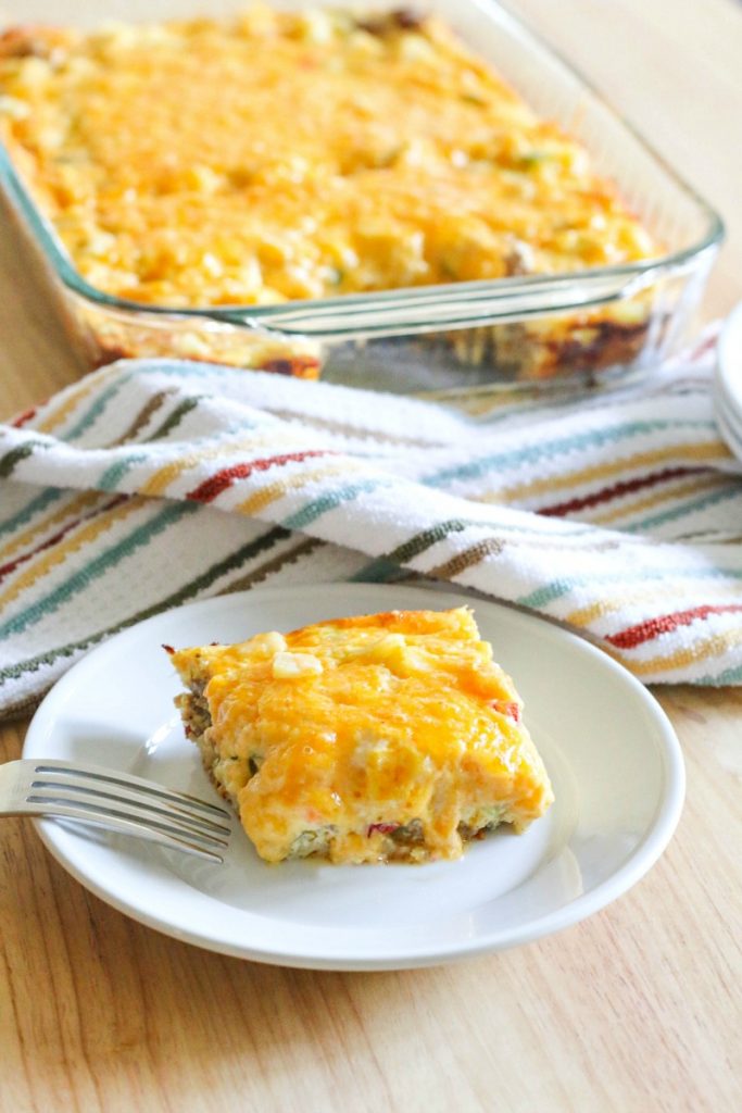 piece of overnight casserole recipe on white plate.