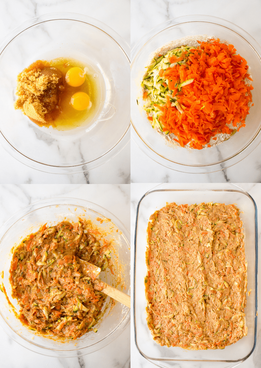 steps 1-4 to make homemade zucchini carrot bars with cream cheese frosting