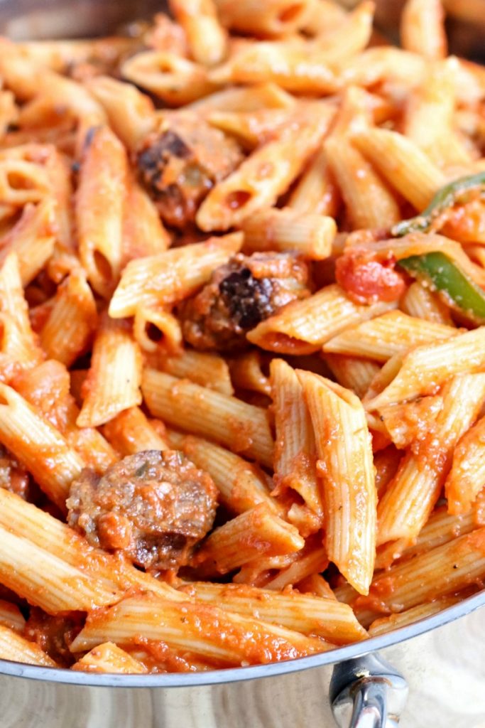 For under $10 and 30 minutes, this One-Skillet Creamy Tomato Italian Sausage Pasta is a favorite in our home!