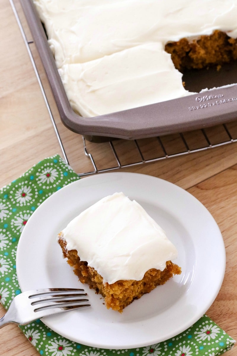 moist pumpkin cake recipe on a white plate with fork 