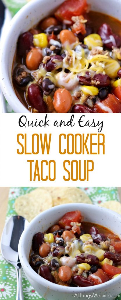 slow cooker taco soup recipe pinnable image with close up of soup and white bowl full of soup 