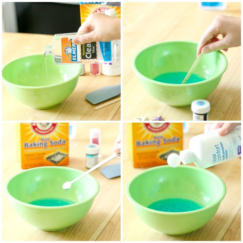 adding glue and other ingredients to make saline slime recipe 