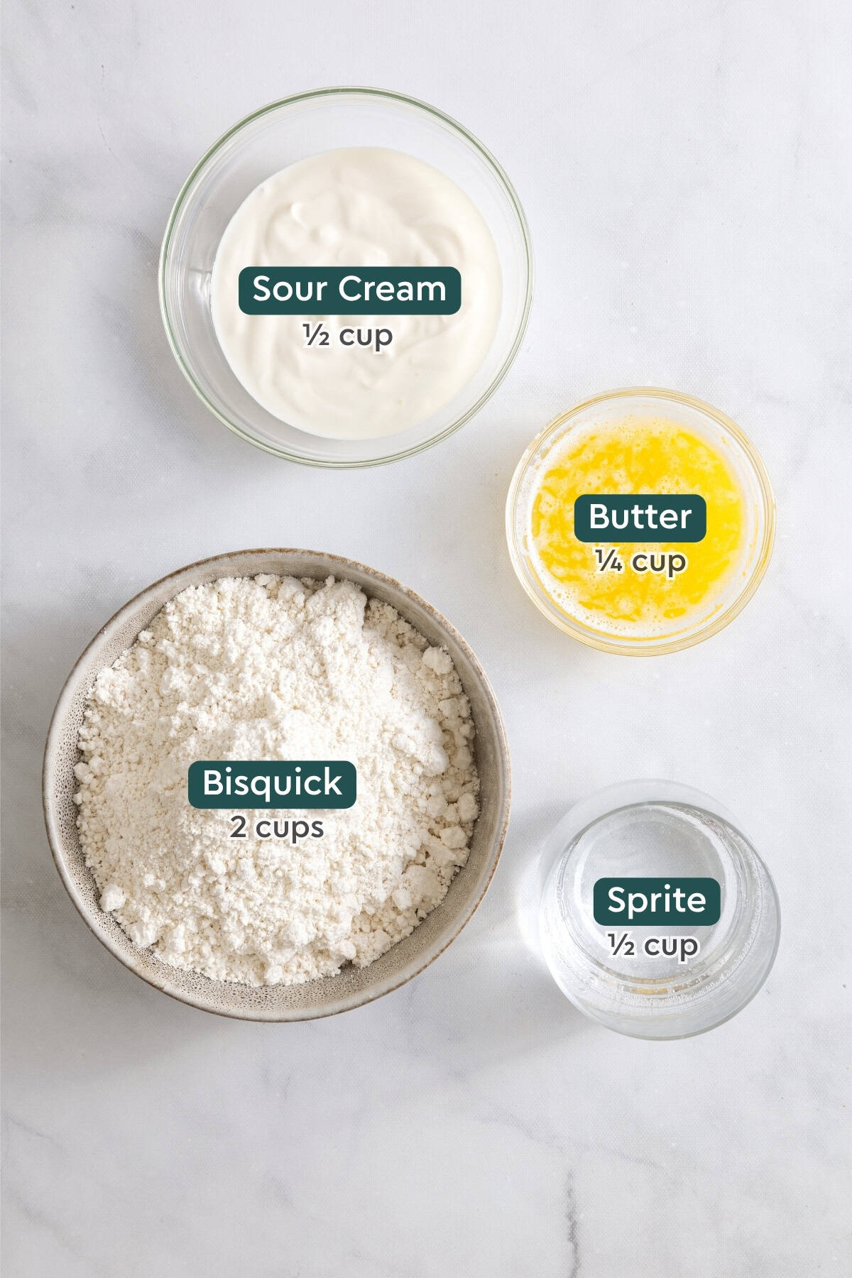Ingredients for Sprite biscuits, including sour cream, butter, Sprite, and Bisquick.