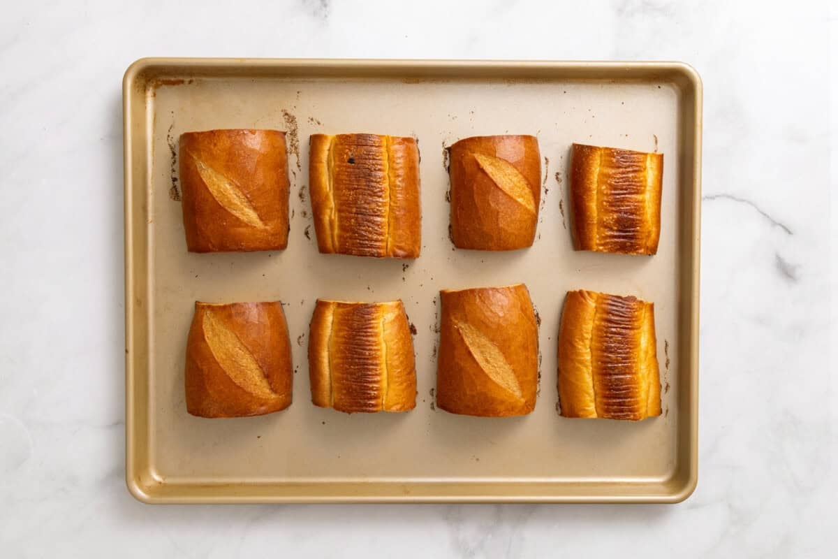 Toasted French bread on pan.