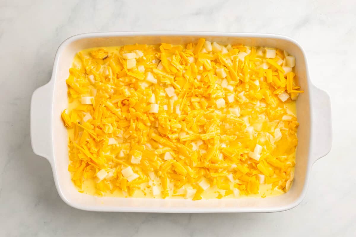 Unbaked overnight breakfast casserole.