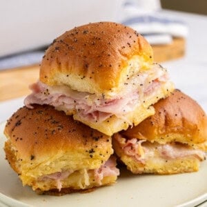 Stack of 3 ham and swiss sliders.