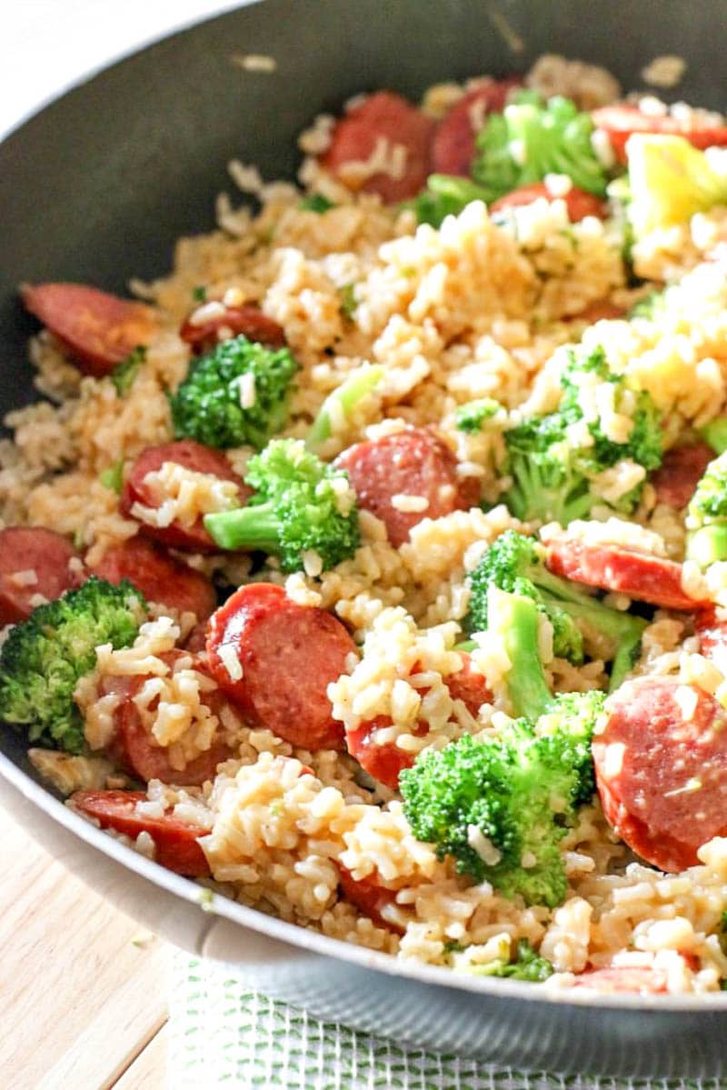 smoked sausage in a skillet on a table