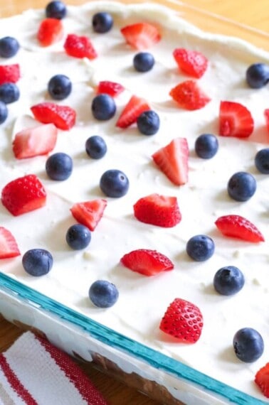 No Bake Oreo Cheesecake Dessert in a glass baking dish