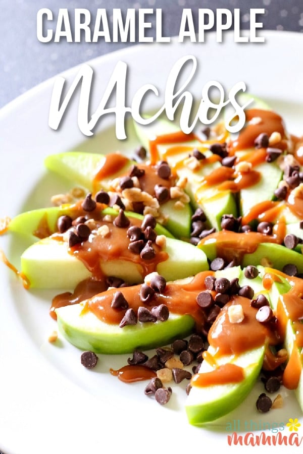 Plate full of dessert nachos made with sliced apples and fun toppings. 