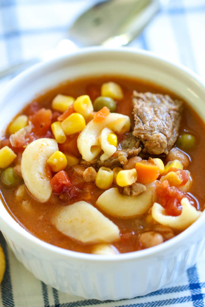 beef vegetable soup recipe in a white bowl