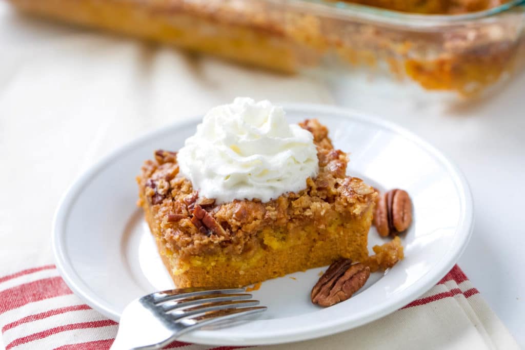 easy fall pumpkin dump cake dessert on plate