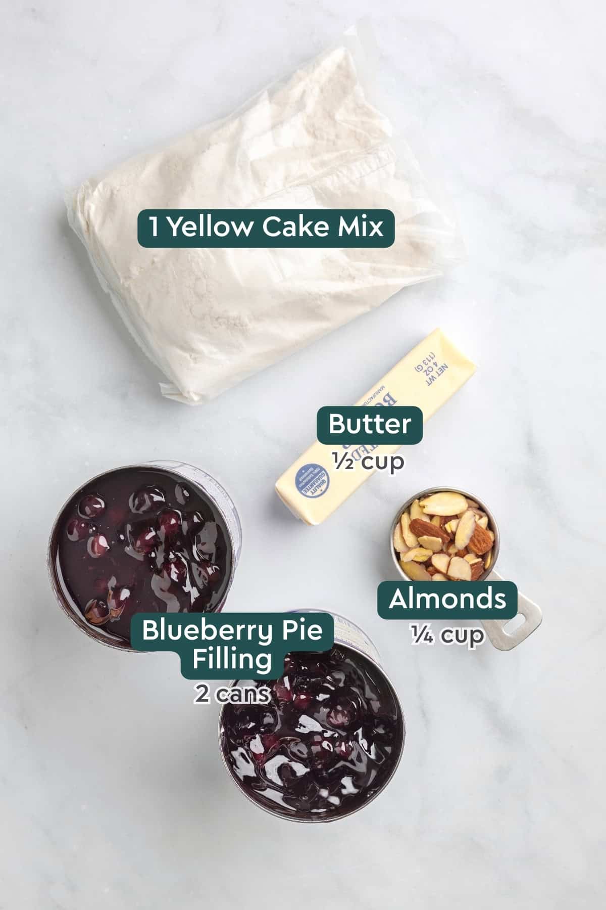 Ingredients for blueberry dump cake, including cake mix, butter, almonds, and blueberry pie filling.