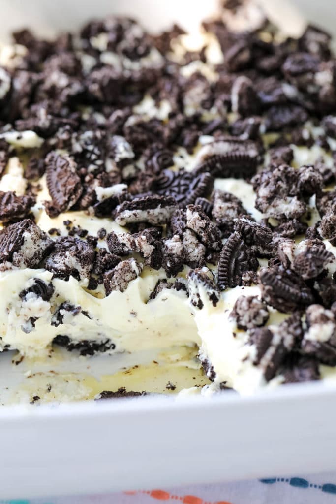 no bake oreo dessert in baking dish