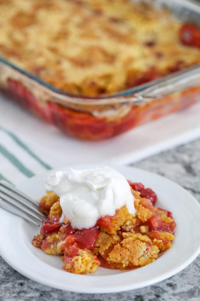 This Cherry Pineapple Dump Cake is the most delicious and easy dump cake recipe you’ll ever try! Made with only 4-ingredients - just dump all the ingredients into a baking pan, bake and eat! #dumpcake #cake #dessert #cherry #allthingsmamma | allthingsmamma.com