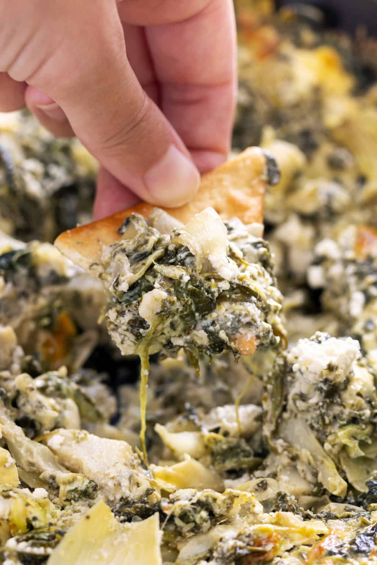 Chip scooping up baked spinach artichoke dip.