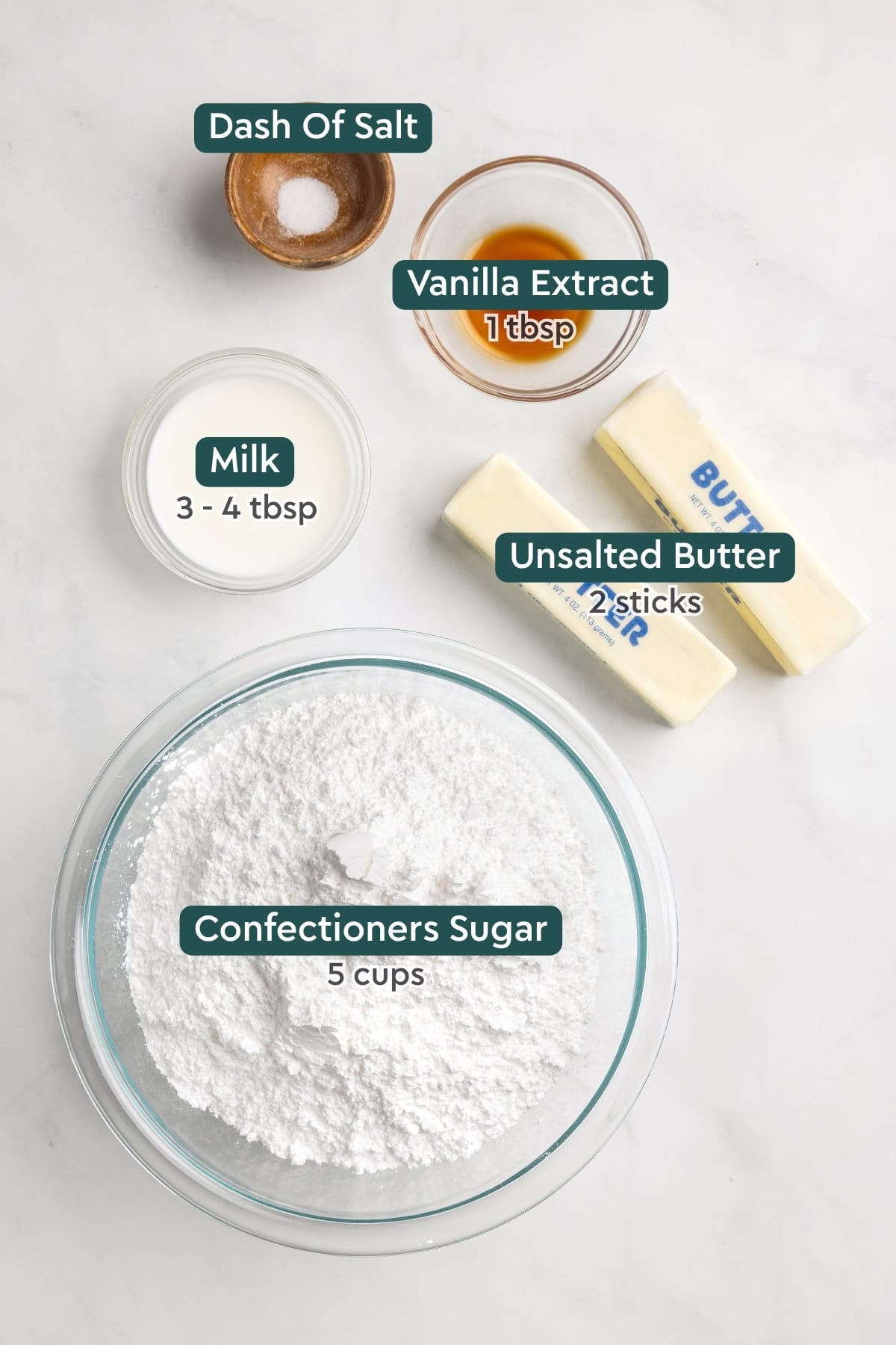 Ingredients for buttercream frosting, including salt, vanilla, milk, butter, and confectioners sugar.