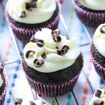 chocolate cupcakes topped with cream cheese frosting