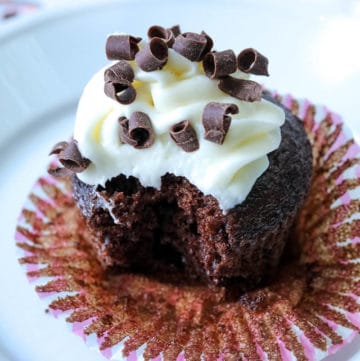 chocolate cupcake with a bite taken out of it