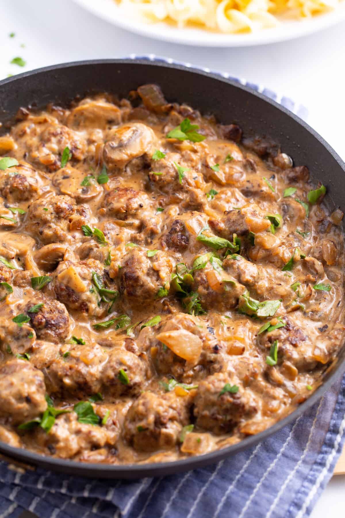 A skillet of meatball stroganoff.