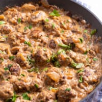 A skillet of meatball stroganoff.