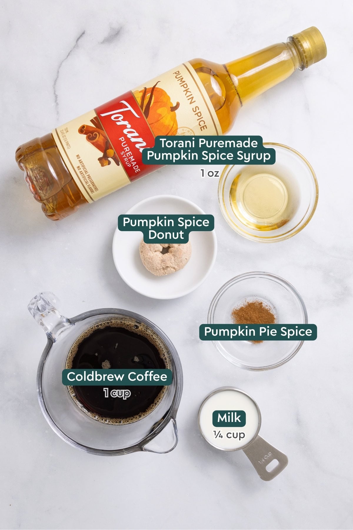 Ingredients for pumpkin spice cold brew coffee, including coffee, syrup, donut, milk, and pumpkin spice.