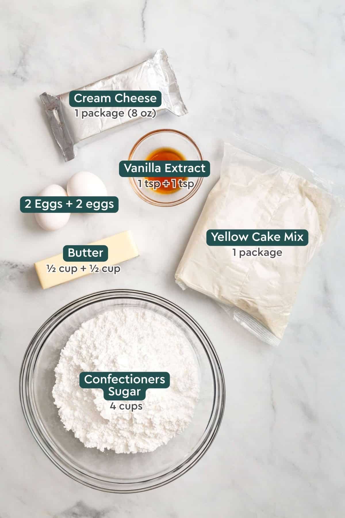 Ingredients for ooey gooey butter cake, including cream cheese, vanilla, eggs, butter, cake mix, confectioners' sugar.