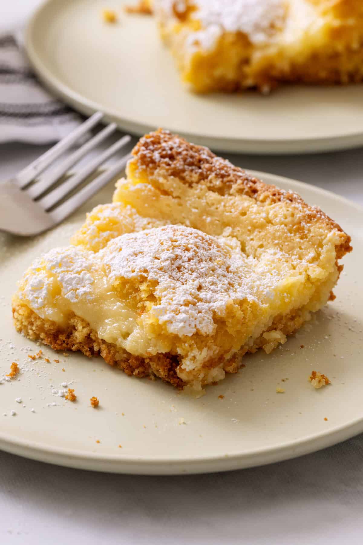 Plate with slice of ooey gooey butter cake.