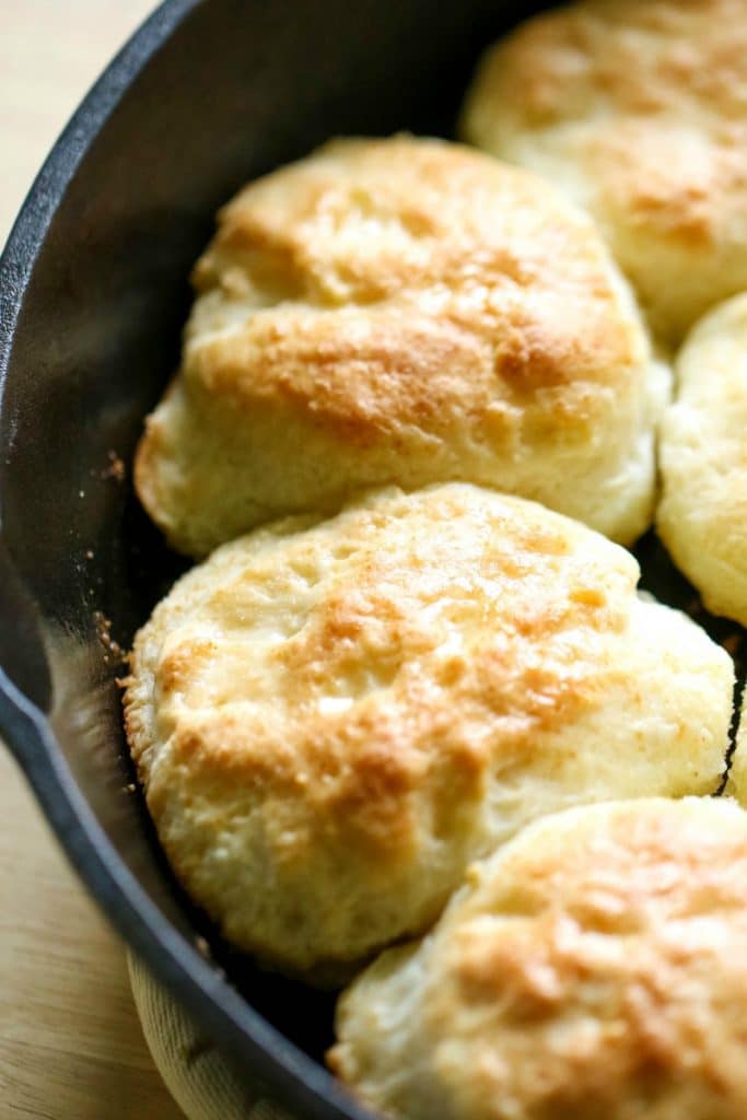 Bisquick Biscuit Recipe in a cast iron skillet 