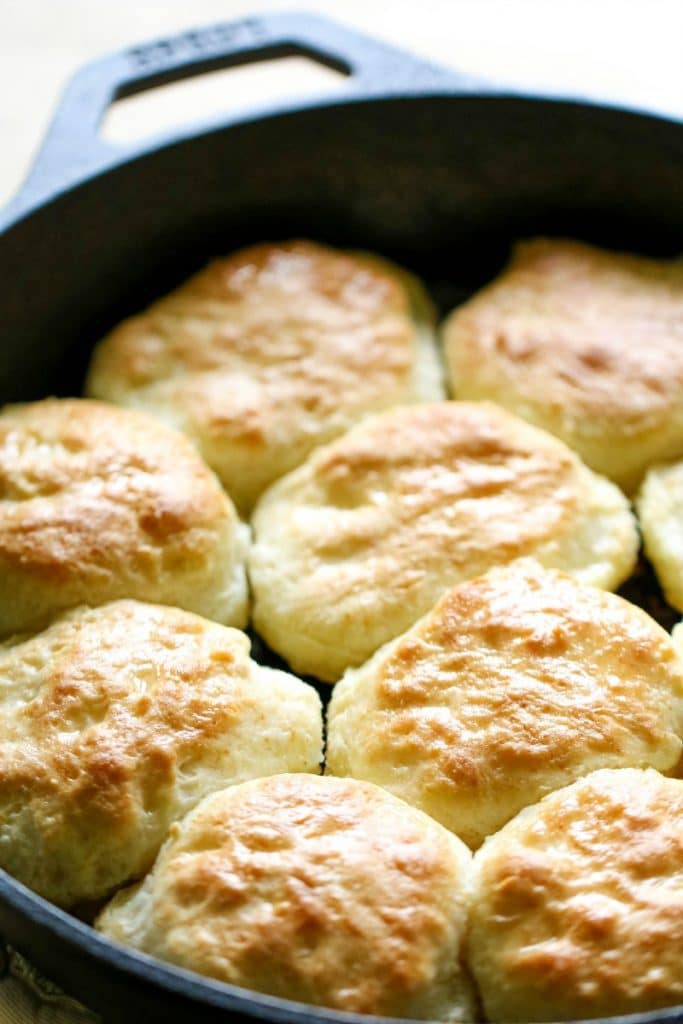 Bisquick Biscuits in an iron skillet