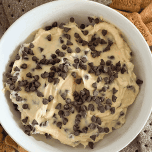A bowl of chocolate chip cookie dough dip.