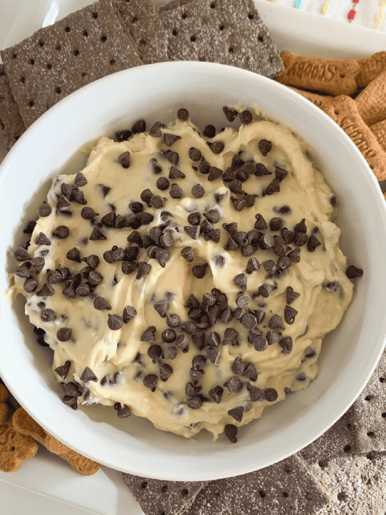 A bowl of chocolate chip cookie dough dip.