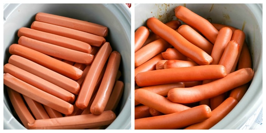 hot dogs being cooked in the crock pot 