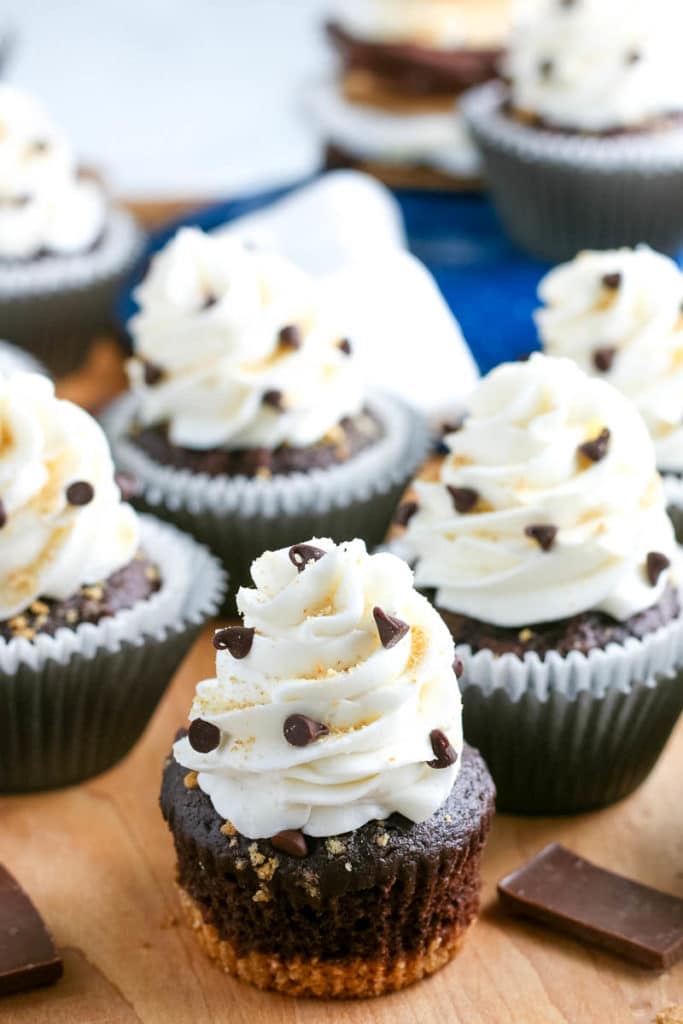 smores cupcakes  on a cutting board 