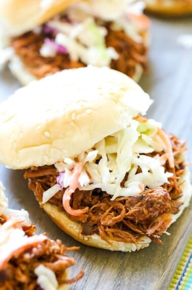 close up of sandwich with pulled pork