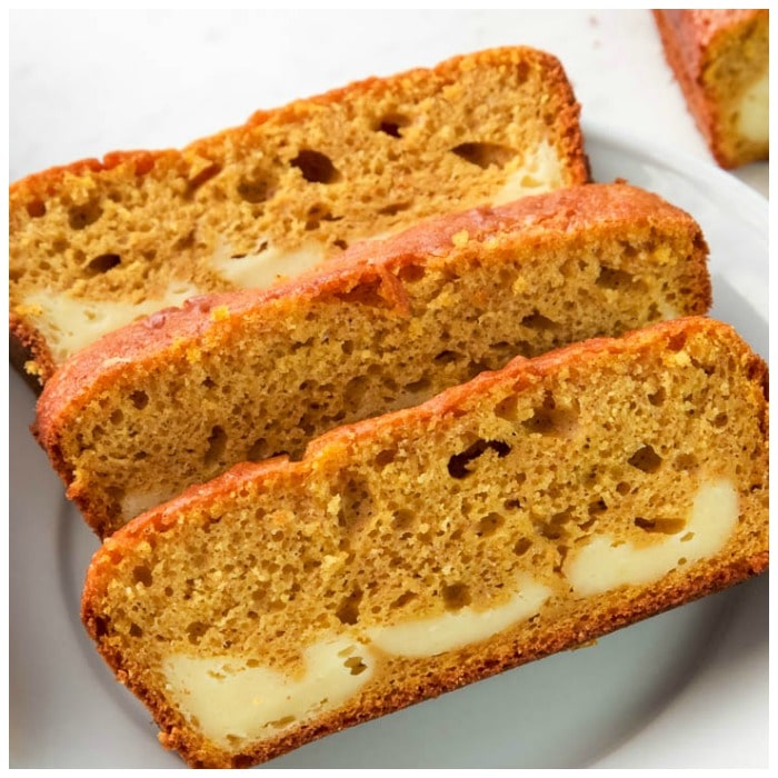 3 slices of pumpkin cream cheese bread