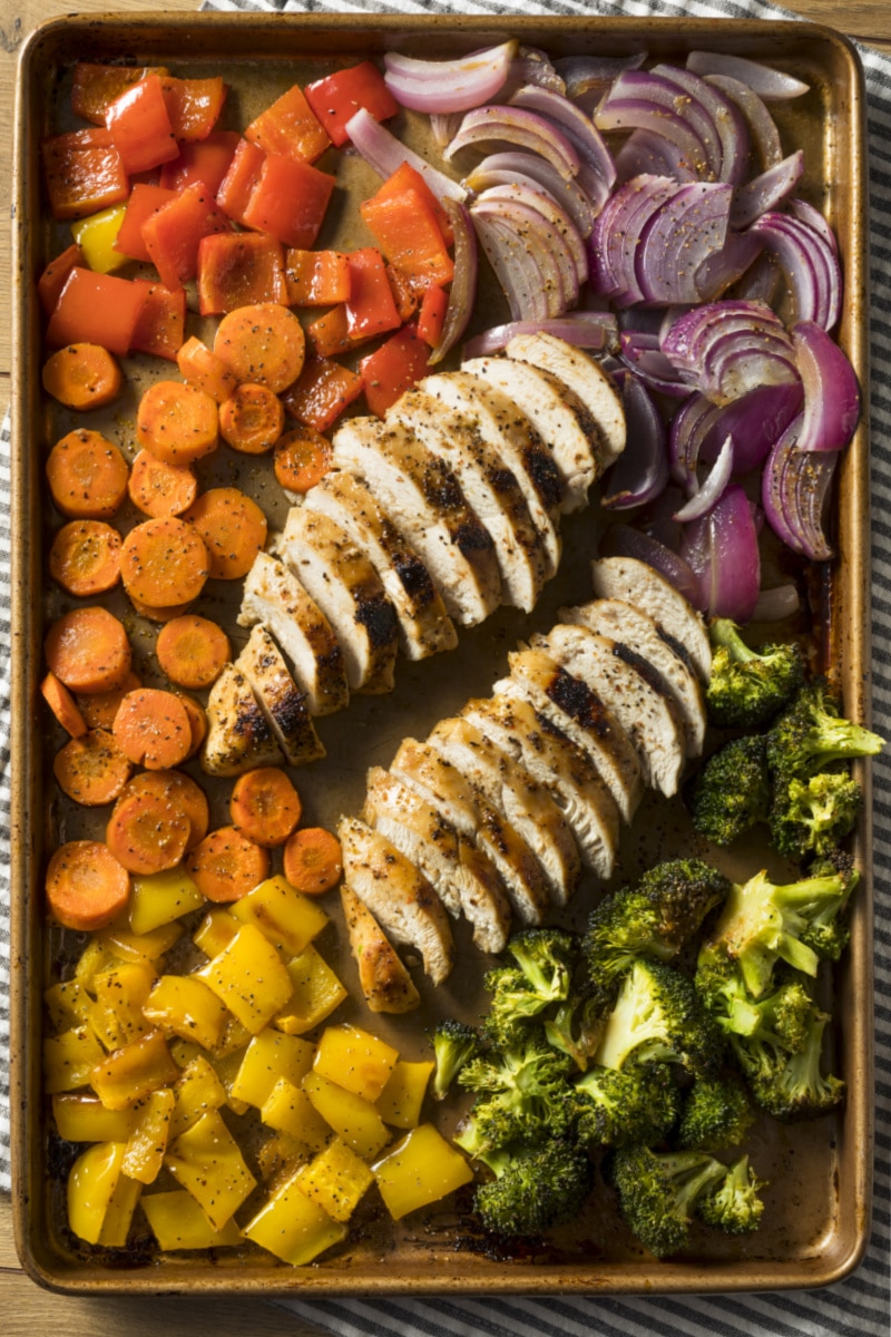 sheet pan of sliced and diced vegetables for roasting 