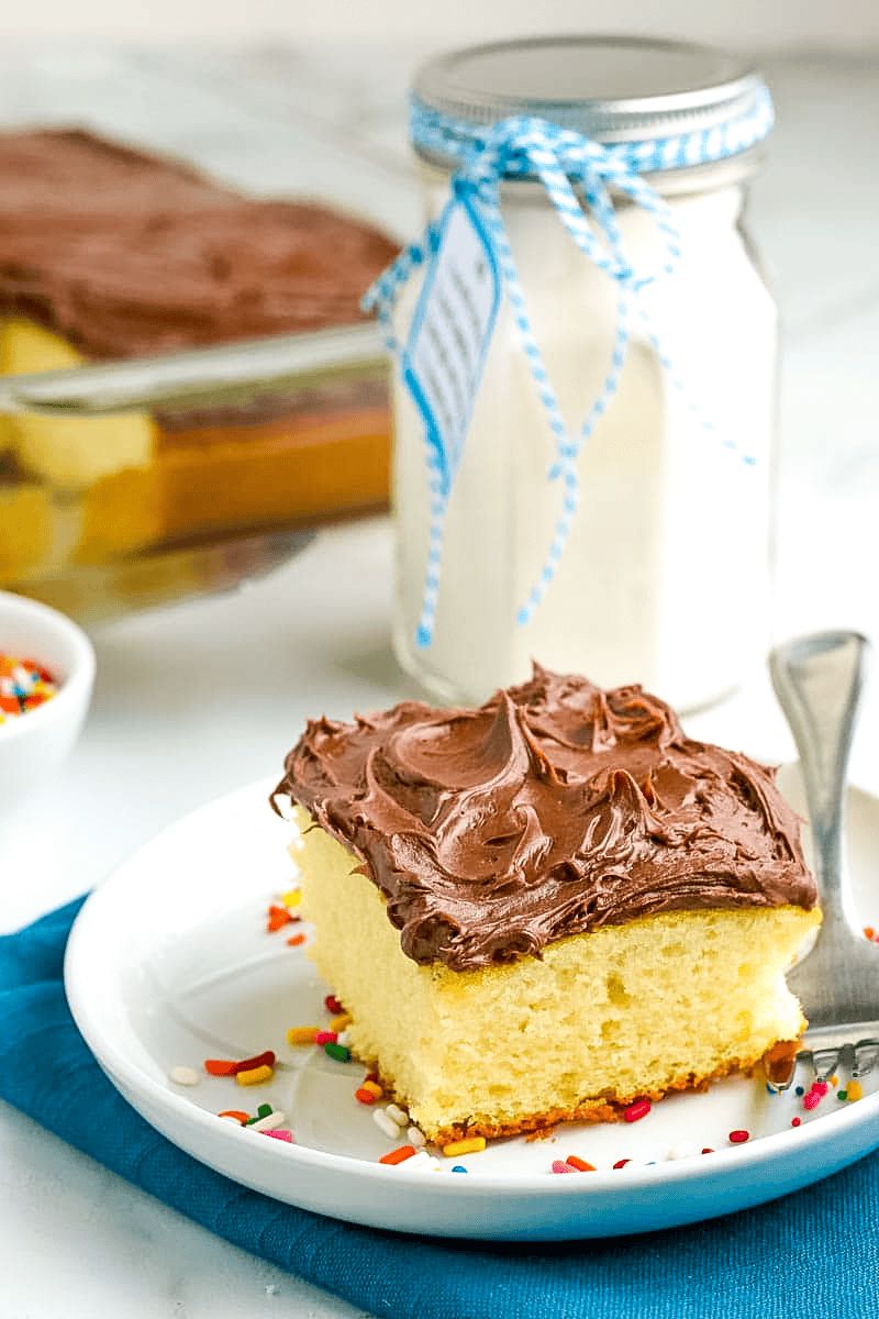 photo of yellow cake on a white plate with chocolate frosting