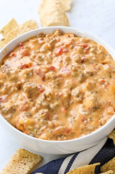 bowl of rotel dip made with Velveeta cheese