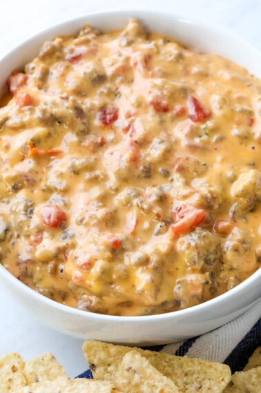 close up bowl of velveeta cheese and rotel dip