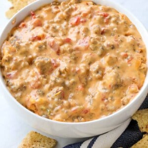 bowl of rotel dip made with Velveeta cheese