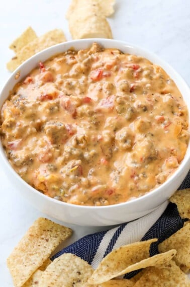 bowl of rotel dip made with Velveeta cheese
