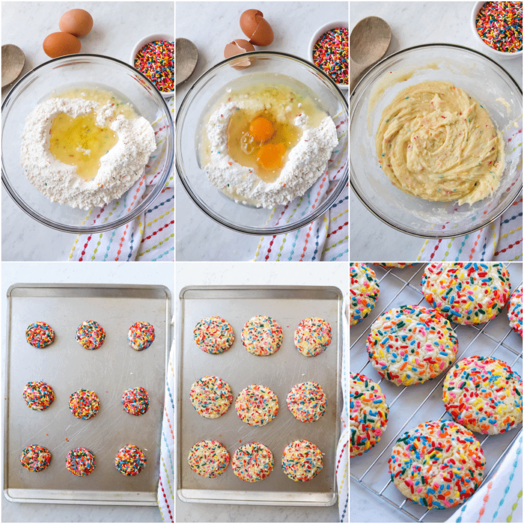 6 photos showing process of making funfetti cookies, including mixing dough, shaping, baking, and cooling.
