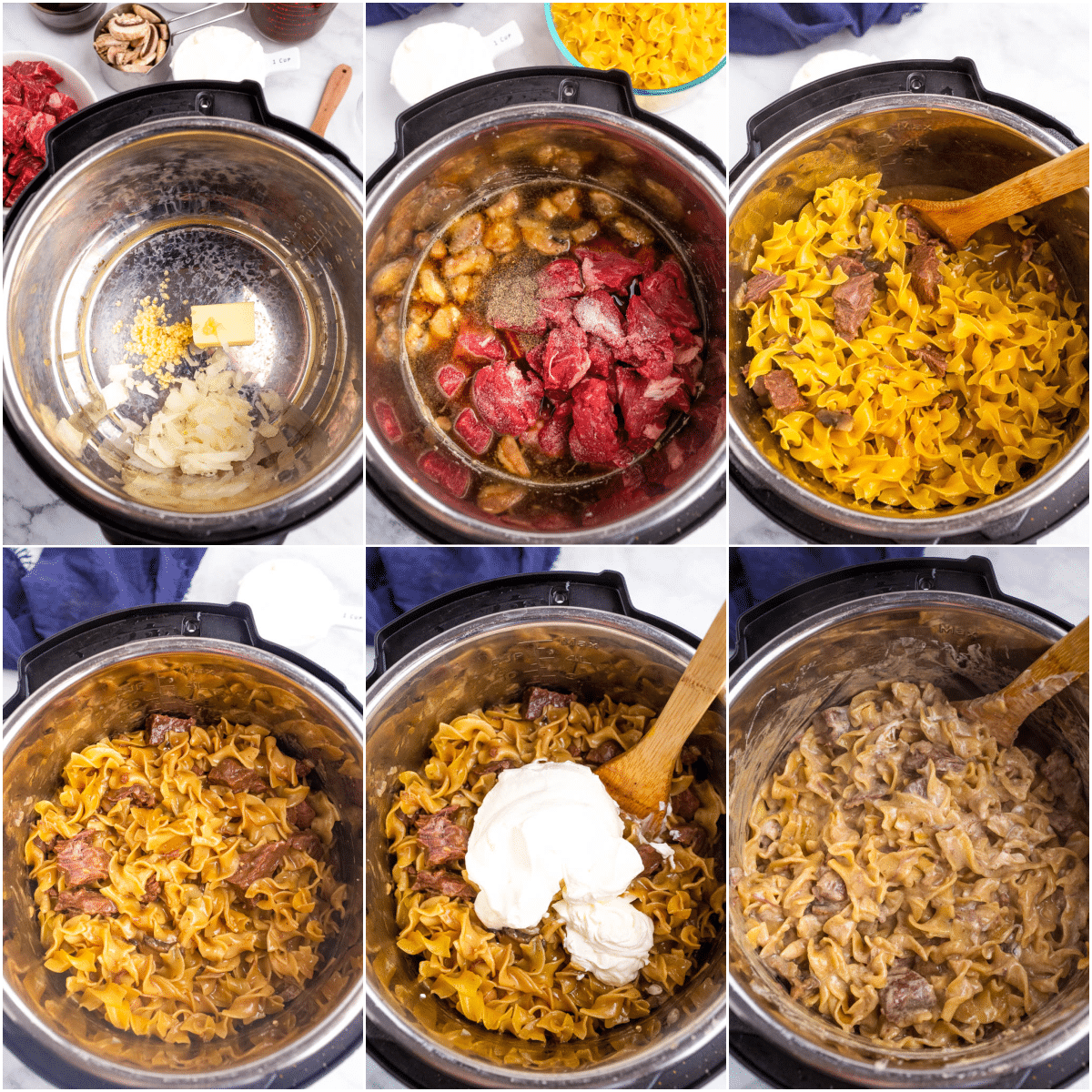 collage of how to images showing steps to make instant pot beef stroganoff