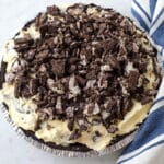 Top shot of finished pie topped with crushed oreos